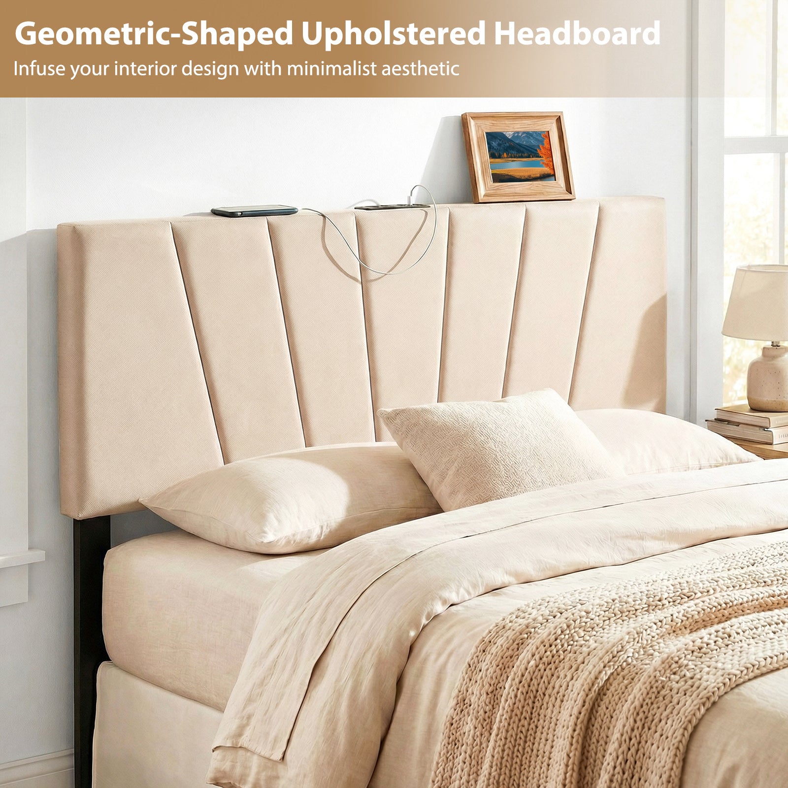 Geometric Upholstered Headboard, Queen Full Size, Beige Headboards at Gallery Canada