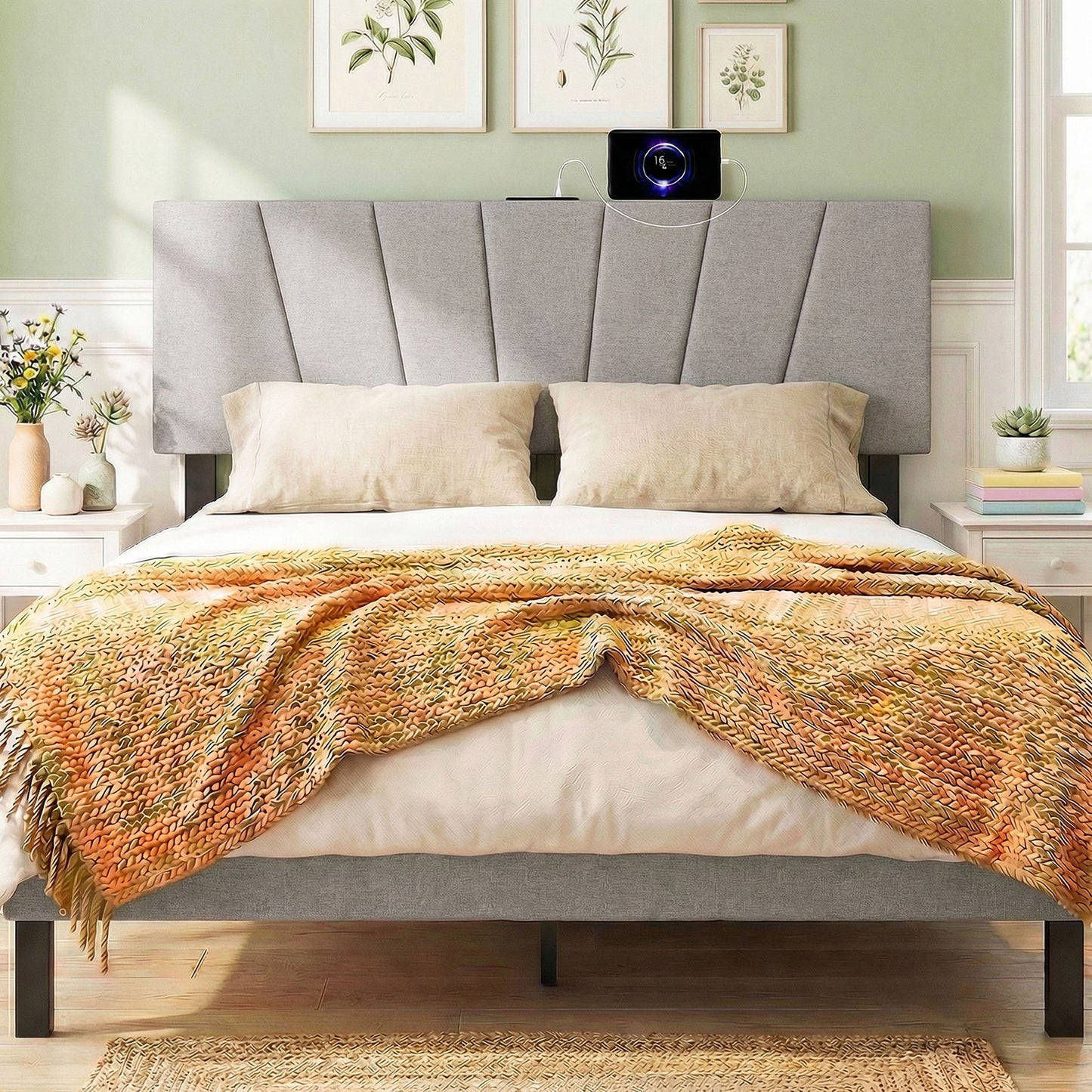 Headboard for Queen and Full Size Bed Geometric Upholstered Head Board, Gray Headboards at Gallery Canada