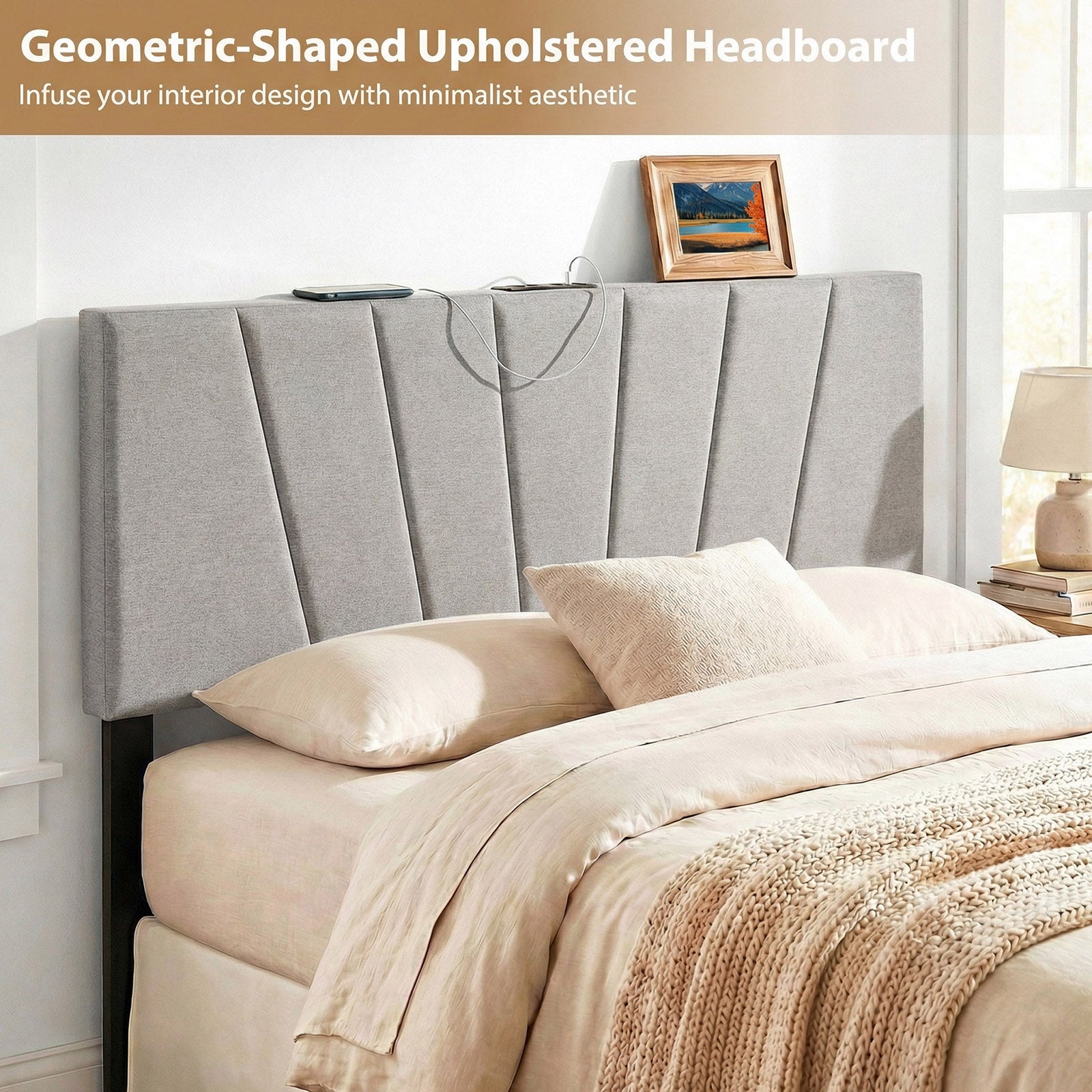 Headboard for Queen and Full Size Bed Geometric Upholstered Head Board, Gray Headboards at Gallery Canada