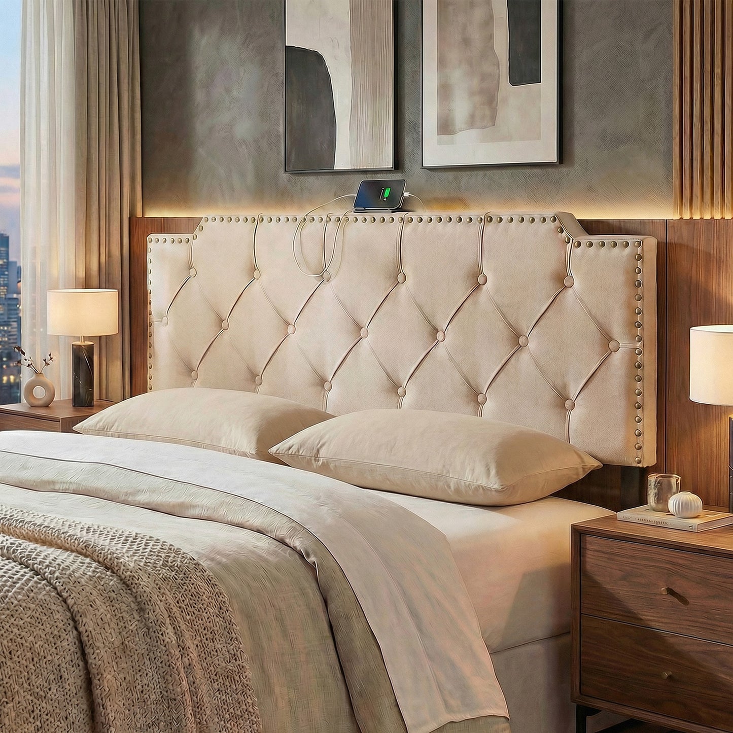 Rivet Tufted Upholstered Headboard, Queen Full Size, Beige Headboards at Gallery Canada