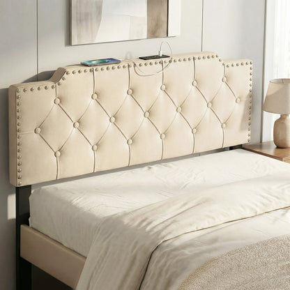 Rivet Tufted Upholstered Headboard, Queen Full Size, Beige Headboards at Gallery Canada