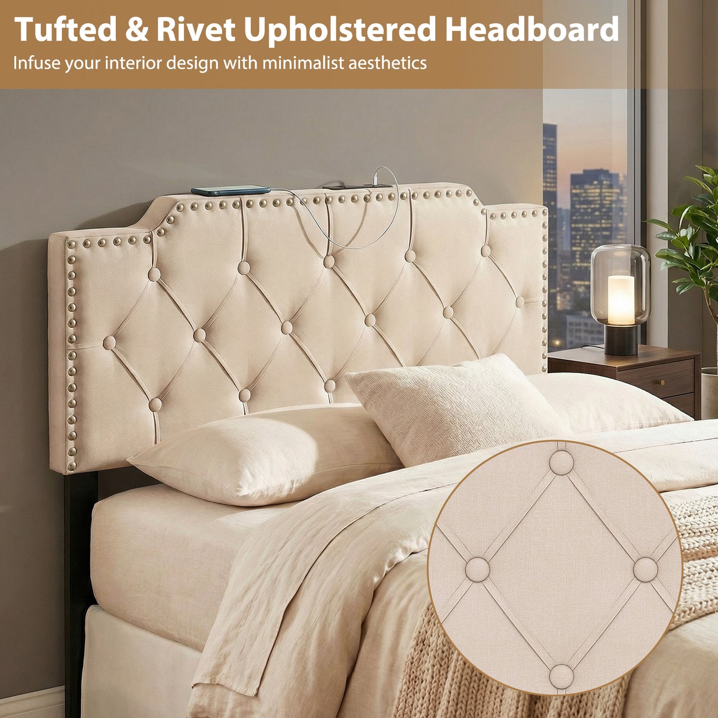 Rivet Tufted Upholstered Headboard, Queen Full Size, Beige Headboards at Gallery Canada