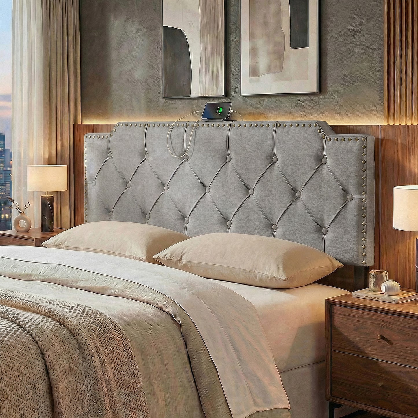 Queen Full Size Bed Headboard, Rivet Tufted Upholstered, Gray Headboards at Gallery Canada