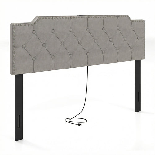 Queen Full Size Bed Headboard, Rivet Tufted Upholstered, Gray