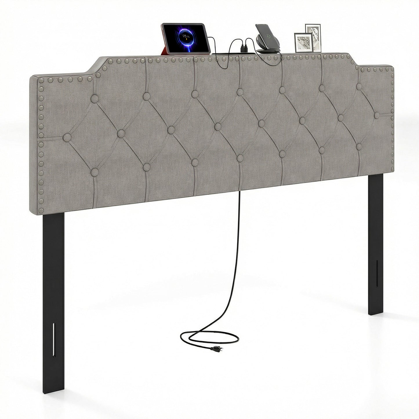 Queen Full Size Bed Headboard, Rivet Tufted Upholstered, Gray Headboards at Gallery Canada