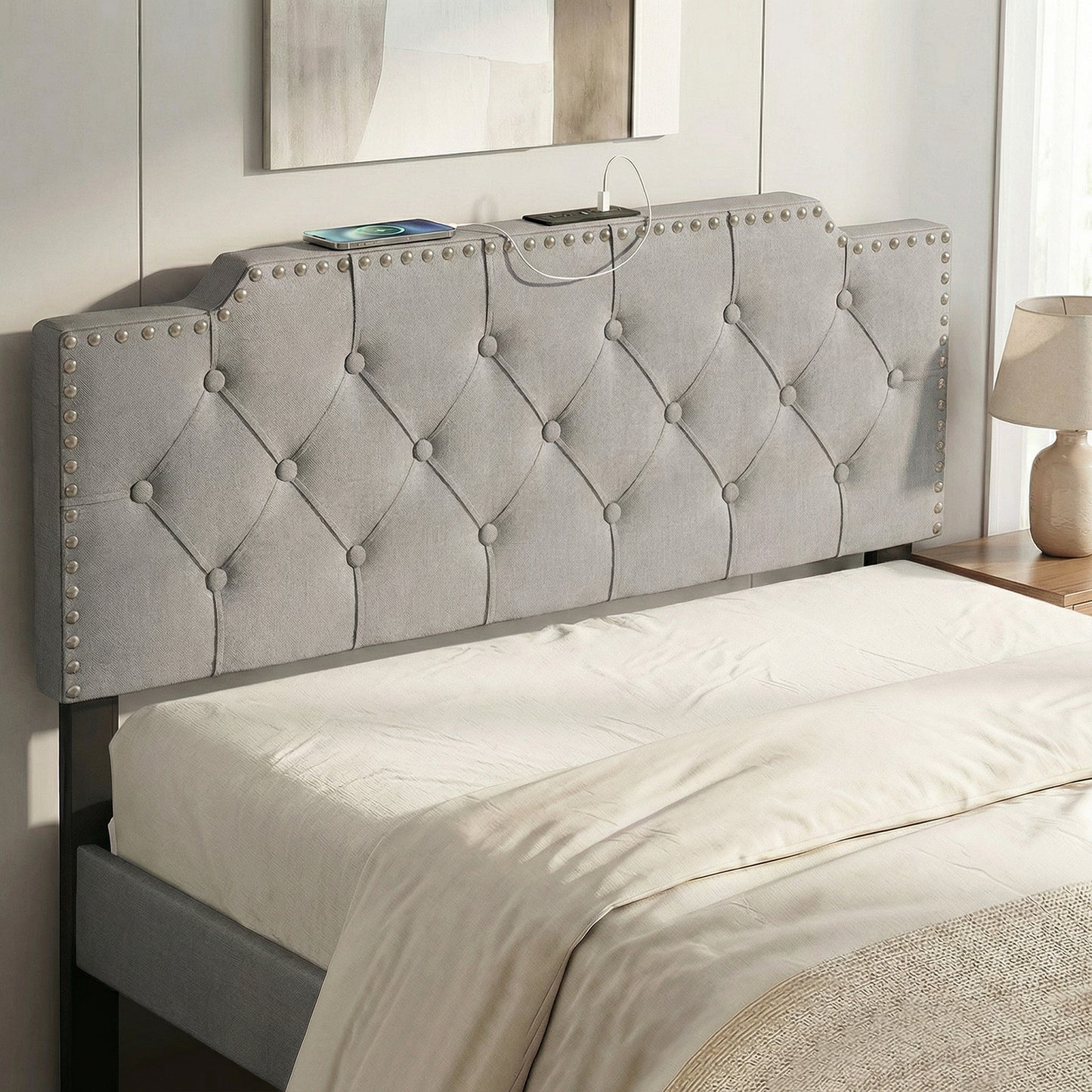 Queen Full Size Bed Headboard, Rivet Tufted Upholstered, Gray Headboards at Gallery Canada