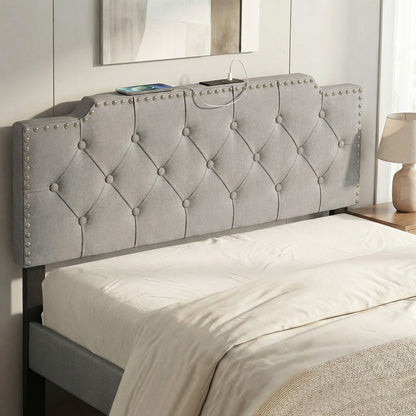Queen Full Size Bed Headboard, Rivet Tufted Upholstered, Gray Headboards at Gallery Canada