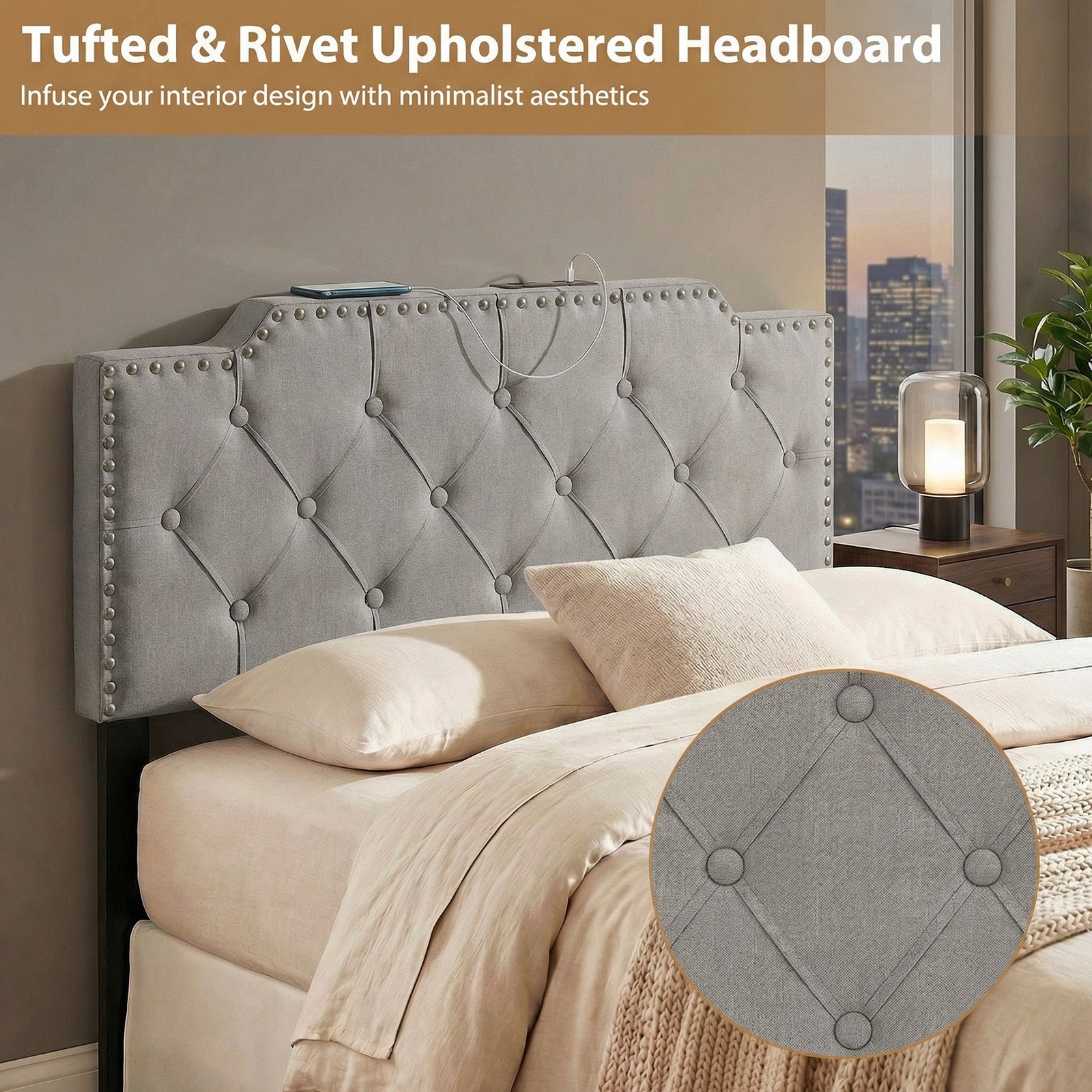 Queen Full Size Bed Headboard, Rivet Tufted Upholstered, Gray Headboards at Gallery Canada
