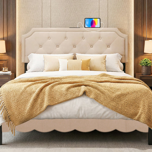 Tufted Upholstered Headboard, Queen and Full Size, Beige