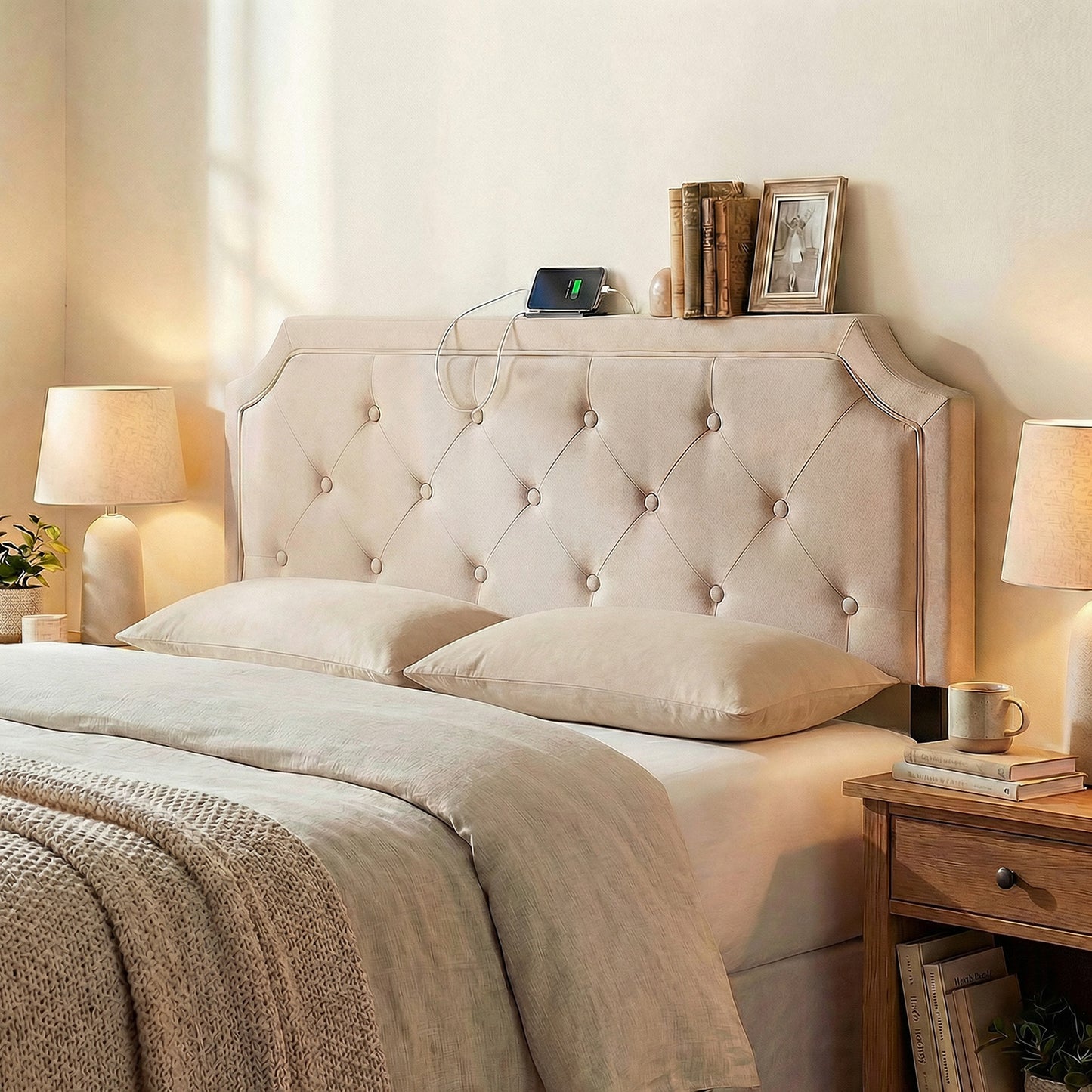 Tufted Upholstered Headboard, Queen and Full Size, Beige Headboards at Gallery Canada
