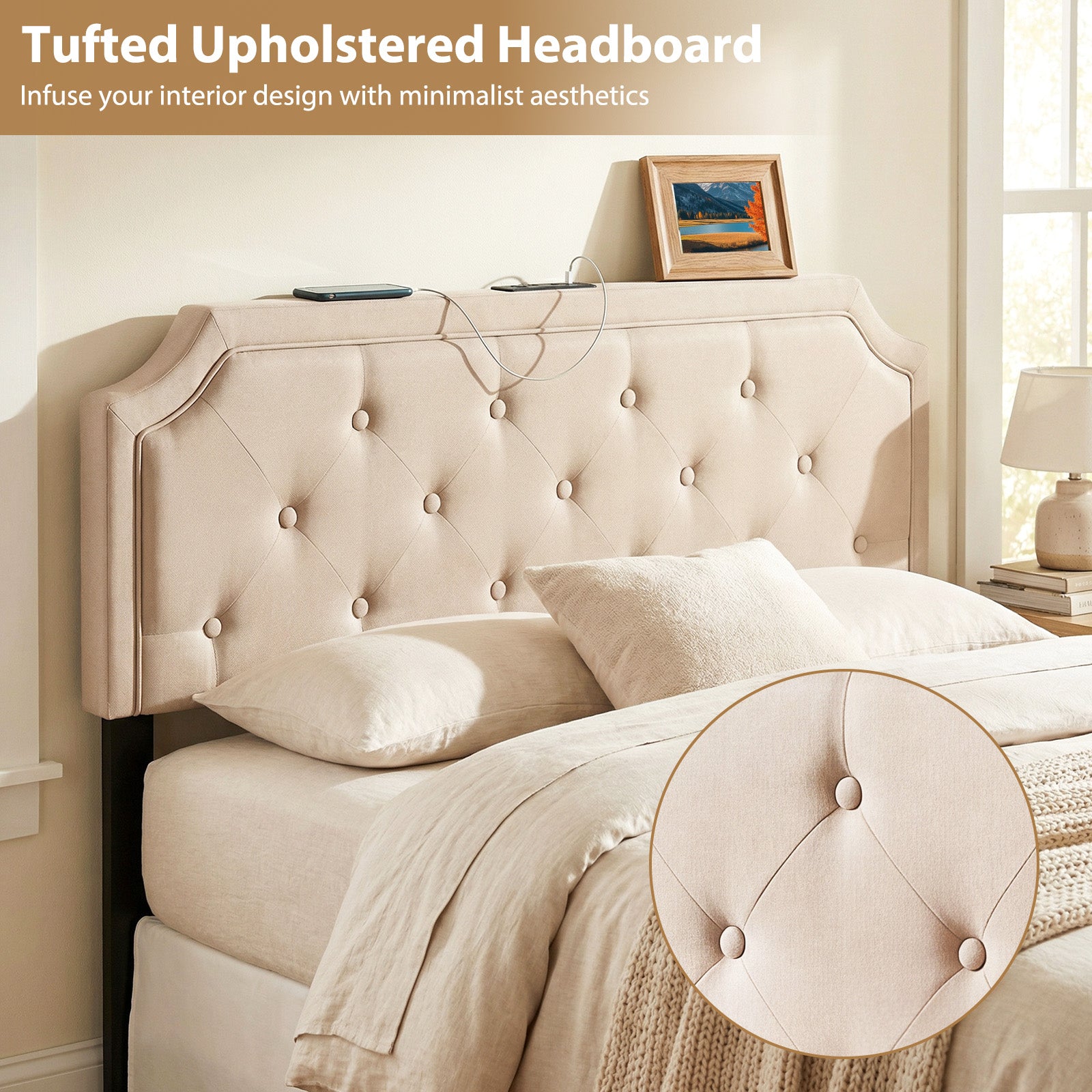 Tufted Upholstered Headboard, Queen and Full Size, Beige Headboards at Gallery Canada
