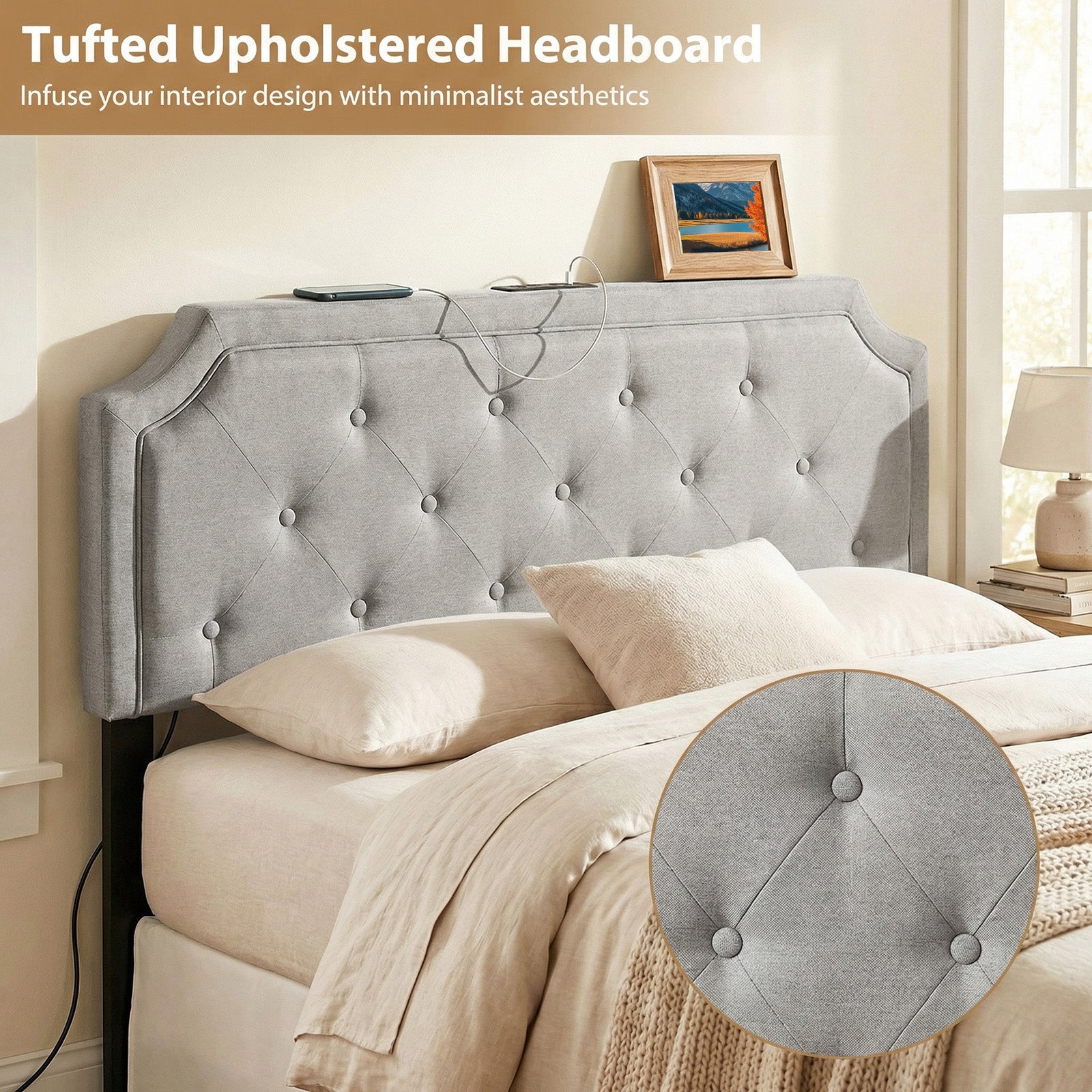 Tufted Upholstered Headboard, Queen Full Size, Gray Headboards at Gallery Canada
