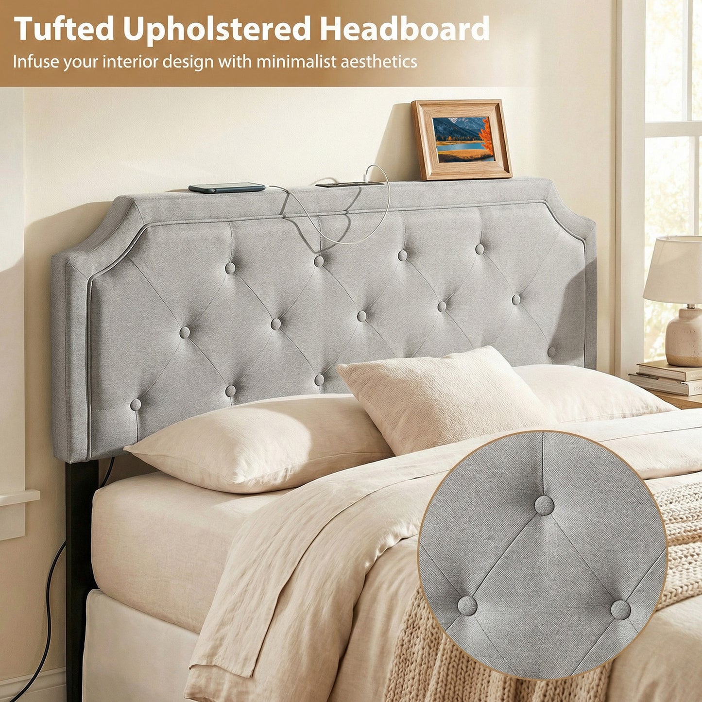 Tufted Upholstered Headboard, Queen Full Size, Gray Headboards at Gallery Canada