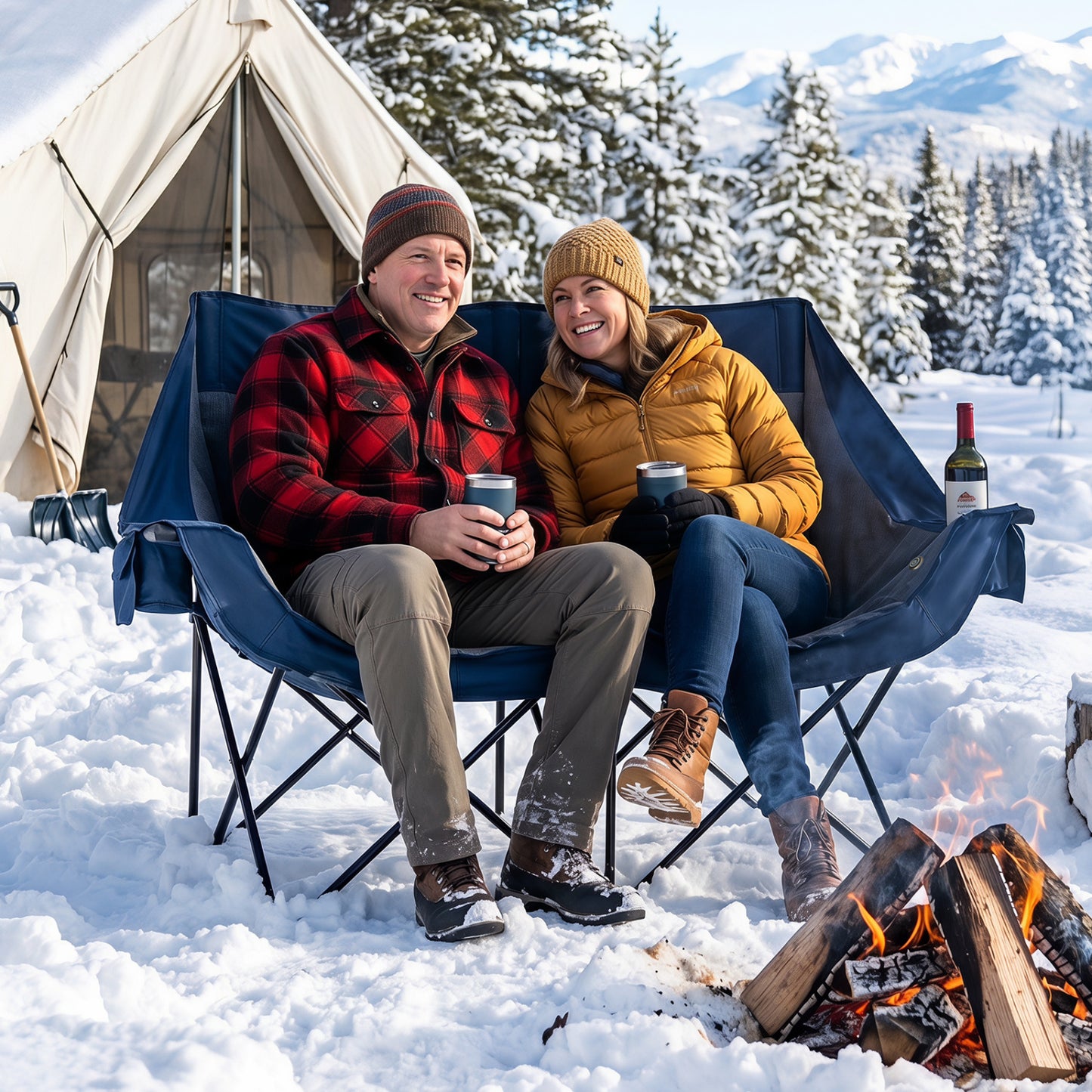 Heated Double Camping Chair, 4 Heating Zones, Wine Holders, Navy