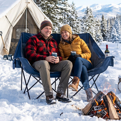Heated Double Camping Chair, 4 Heating Zones, Wine Holders, Navy