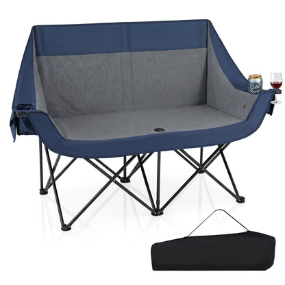 Heated Double Camping Chair, 4 Heating Zones, Wine Holders, Navy