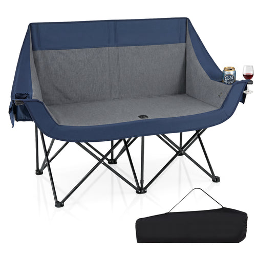 Heated Double Camping Chair, 4 Heating Zones, Wine Holders, Navy