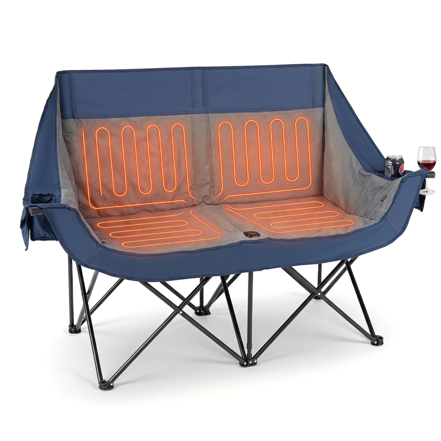 Heated Double Camping Chair, 4 Heating Zones, Wine Holders, Navy