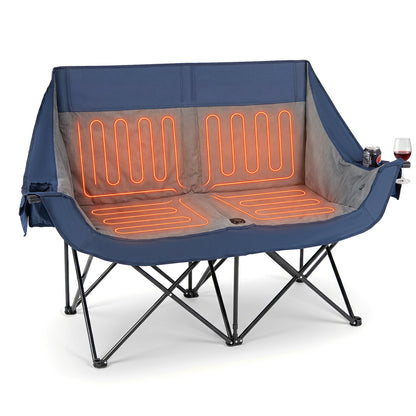 Heated Double Camping Chair, 4 Heating Zones, Wine Holders, Navy