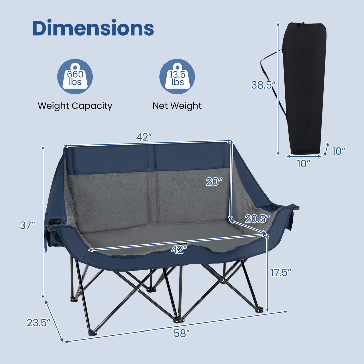 Heated Double Camping Chair, 4 Heating Zones, Wine Holders, Navy