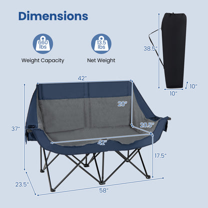 Heated Double Camping Chair, 4 Heating Zones, Wine Holders, Navy