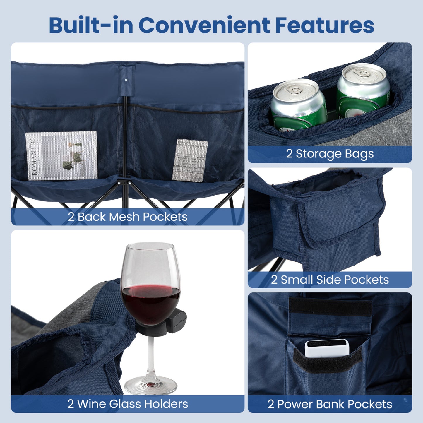 Heated Double Camping Chair, 4 Heating Zones, Wine Holders, Navy
