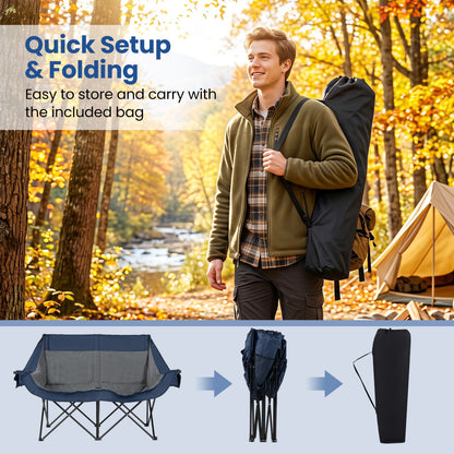 Heated Double Camping Chair, 4 Heating Zones, Wine Holders, Navy