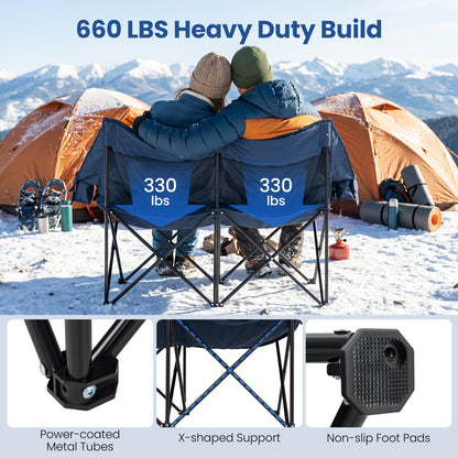 Heated Double Camping Chair, 4 Heating Zones, Wine Holders, Navy