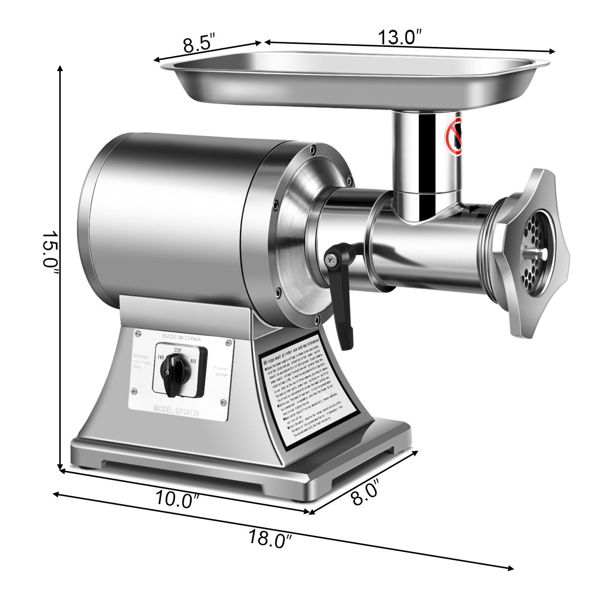 Heavy Duty 1.5HP 1100W 550LB/h Commercial Grade Meat Grinder, Silver Food Grinders & Mills at Gallery Canada