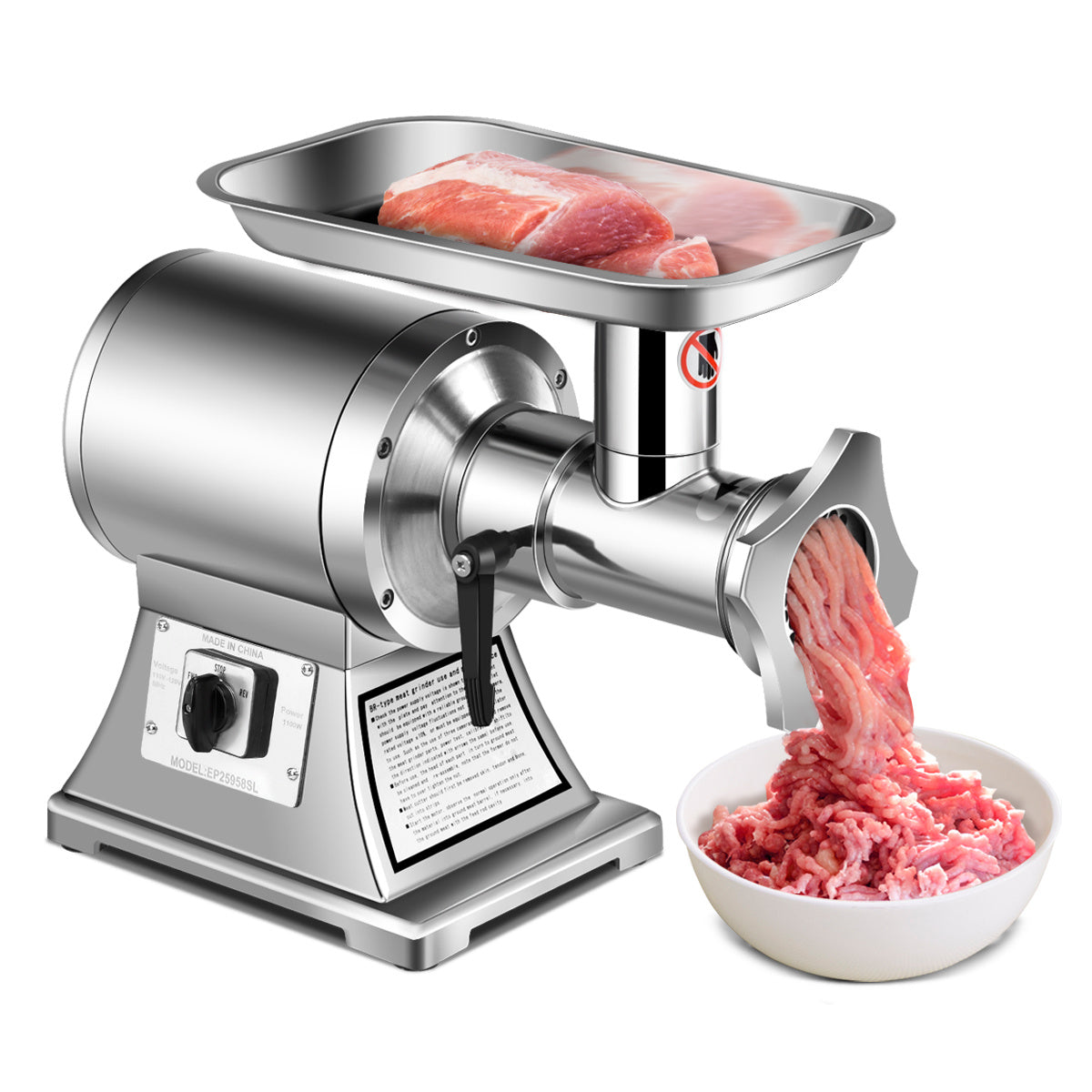 Heavy Duty 1.5HP 1100W 550LB/h Commercial Meat Grinder, Silver