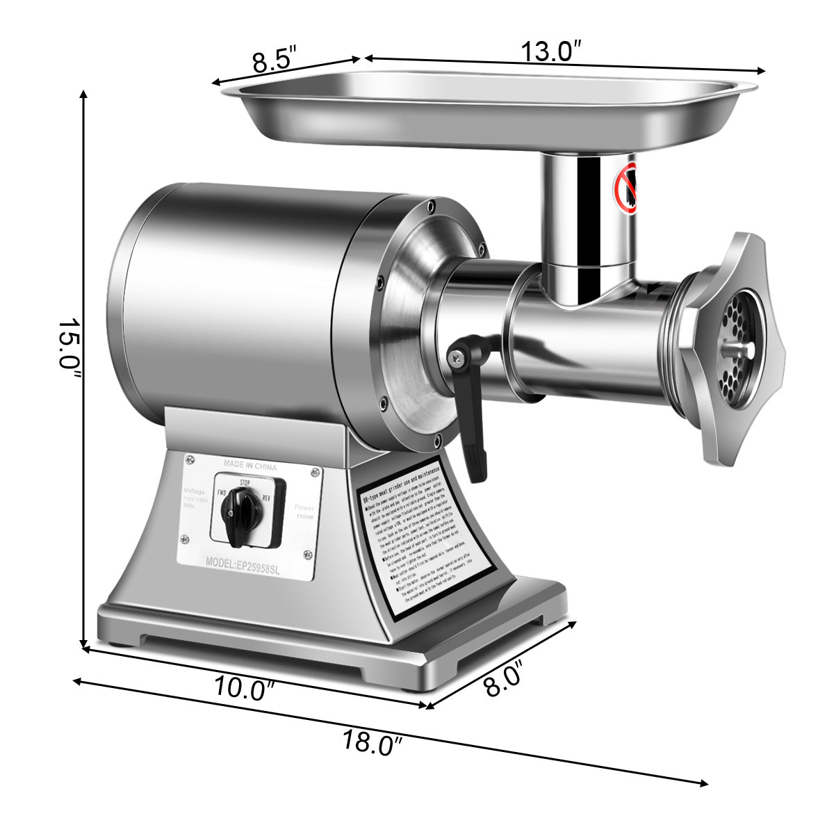 Heavy Duty 1.5HP 1100W 550LB/h Commercial Meat Grinder, Silver