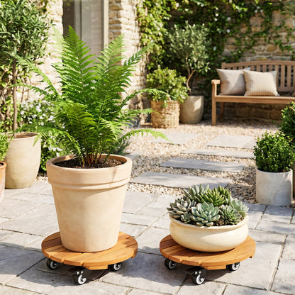 Heavy Duty Acacia Wood Rolling Plant Stand with 360° Lockable Casters-Set of 2 Plant Stands at Gallery Canada