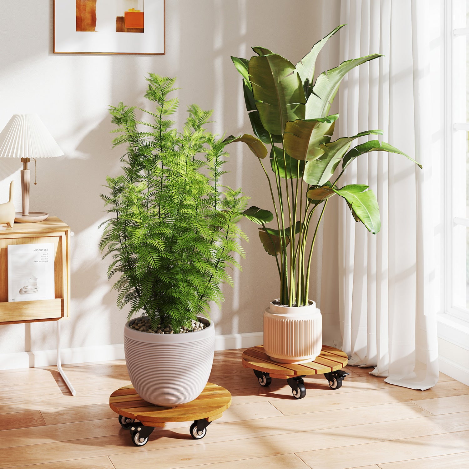 Heavy Duty Acacia Wood Rolling Plant Stand with 360° Lockable Casters-Set of 2 Plant Stands at Gallery Canada