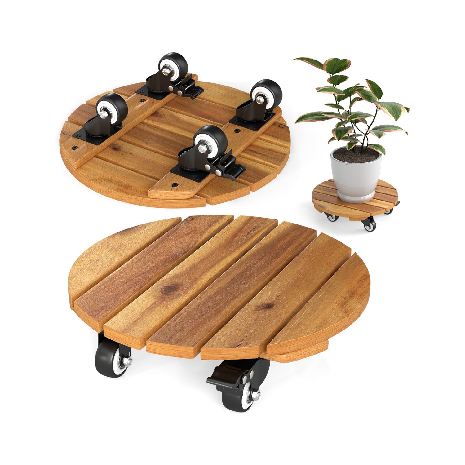 Heavy Duty Acacia Wood Rolling Plant Stand with 360° Lockable Casters-Set of 2 Plant Stands Natural at Gallery Canada