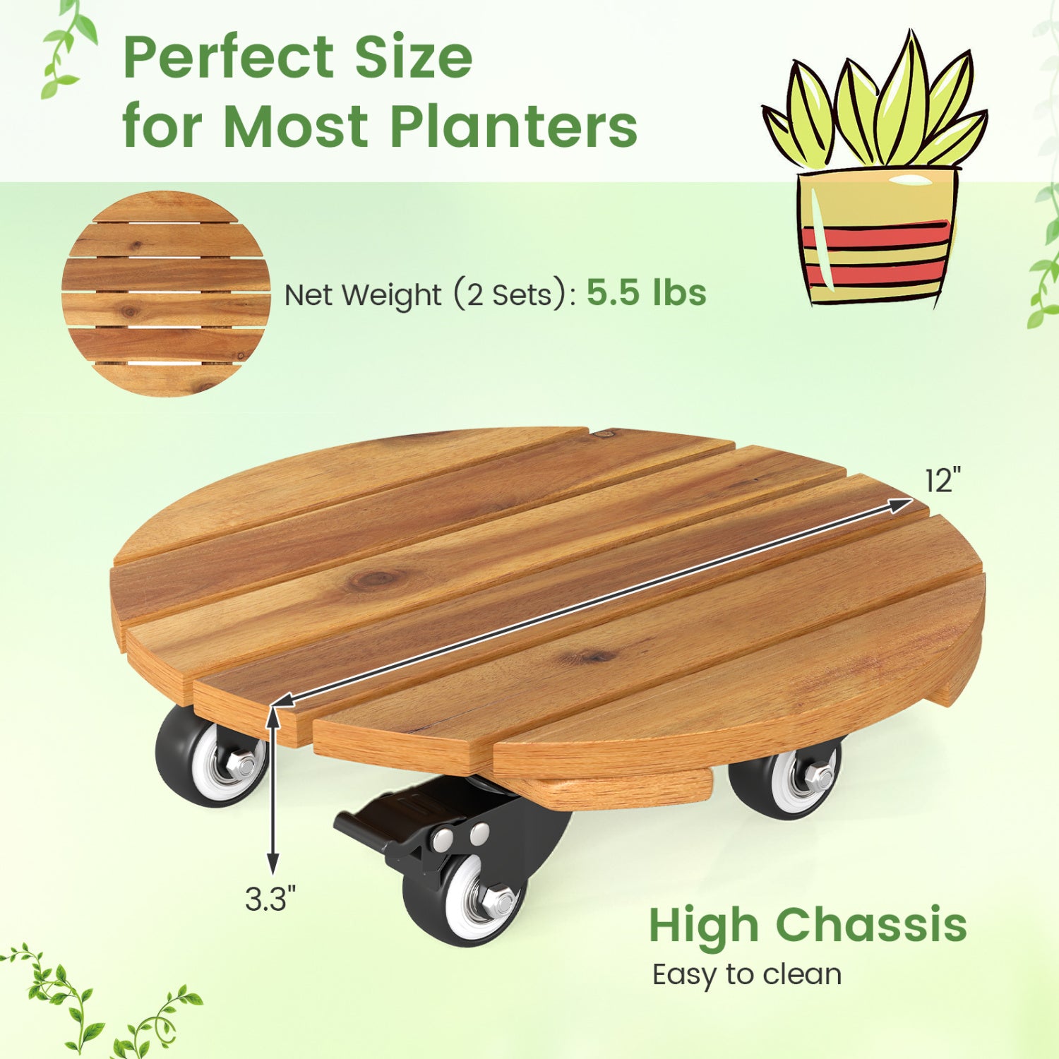 Heavy Duty Acacia Wood Rolling Plant Stand with 360° Lockable Casters-Set of 2 Plant Stands at Gallery Canada