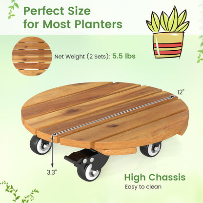 Heavy Duty Acacia Wood Rolling Plant Stand with 360° Lockable Casters-Set of 2 Plant Stands at Gallery Canada