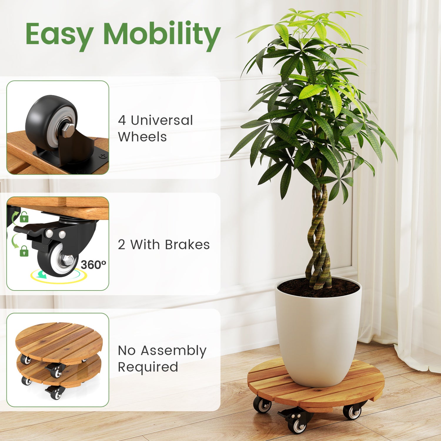 Heavy Duty Acacia Wood Rolling Plant Stand with 360° Lockable Casters-Set of 2 Plant Stands at Gallery Canada