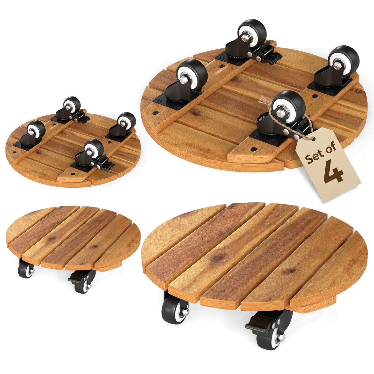 Heavy Duty Acacia Wood Rolling Plant Stand with 360° Lockable Casters-Set of 4 Plant Stands at Gallery Canada
