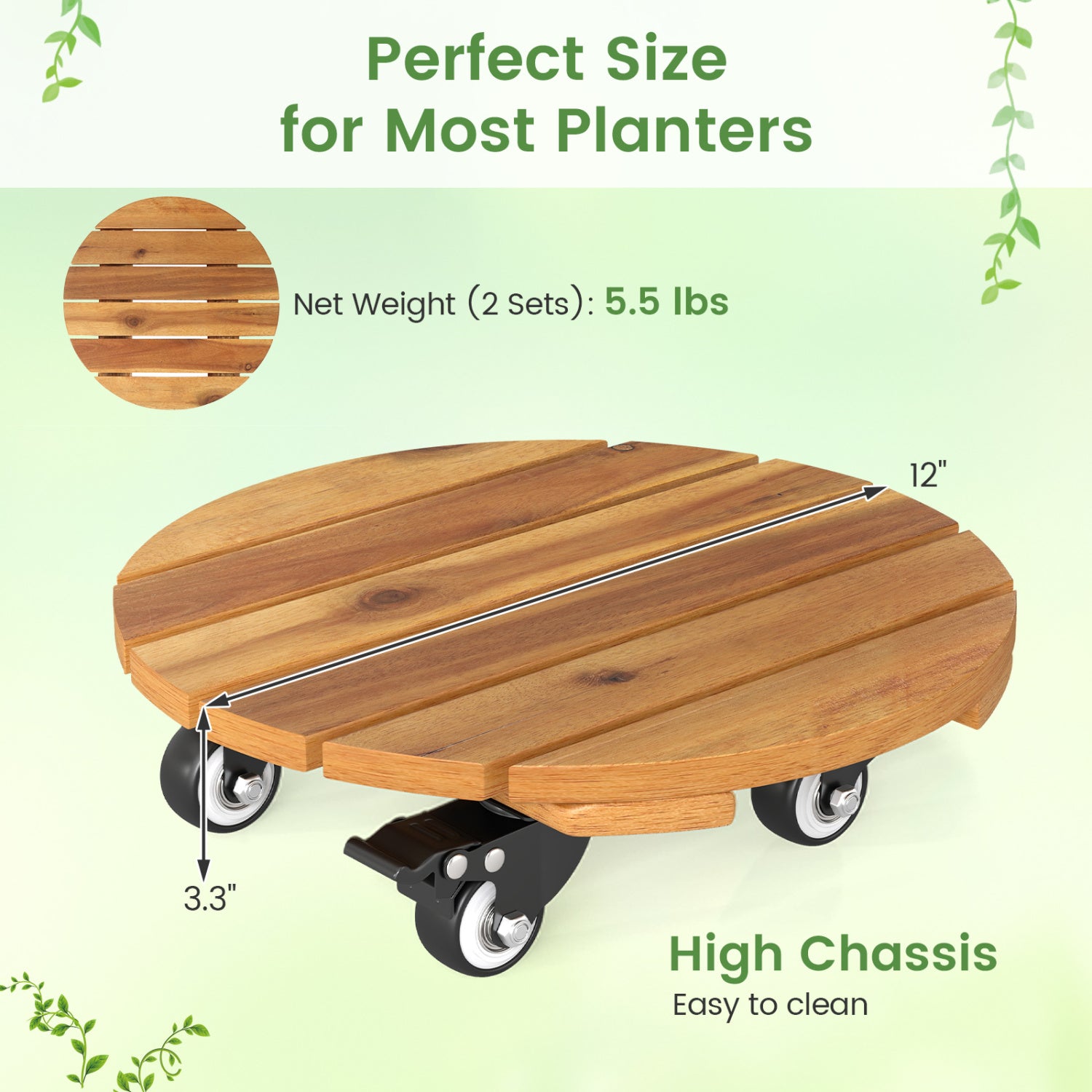 Heavy Duty Acacia Wood Rolling Plant Stand with 360° Lockable Casters-Set of 4 Plant Stands at Gallery Canada