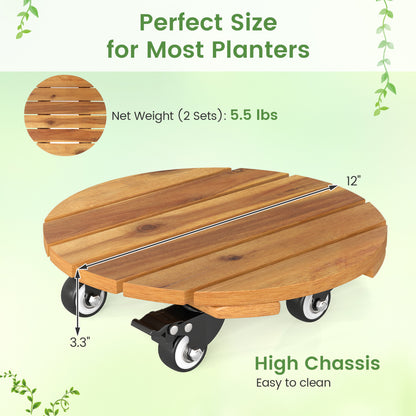 Heavy Duty Acacia Wood Rolling Plant Stand with 360° Lockable Casters-Set of 4 Plant Stands at Gallery Canada