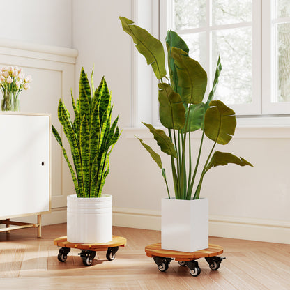Heavy Duty Acacia Wood Rolling Plant Stand with 360° Lockable Casters-Set of 2 Plant Stands at Gallery Canada
