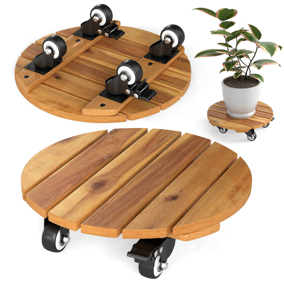 Heavy Duty Acacia Wood Rolling Plant Stand with 360° Lockable Casters-Set of 2 Plant Stands at Gallery Canada
