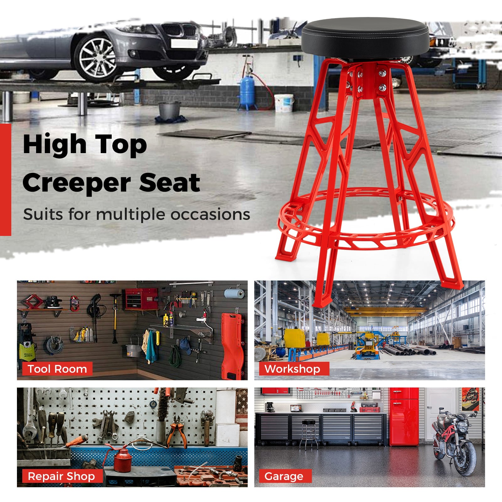 Heavy-Duty Aluminum Garage Bar Chair with 360° Swiveling Seat-RE, Red Garages at Gallery Canada