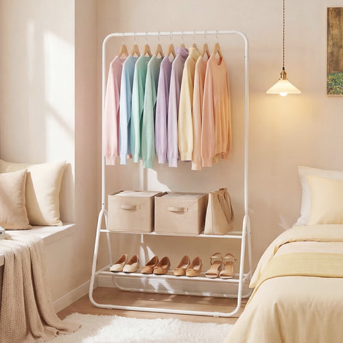 Heavy Duty Clothes Rack, With Hanging Rod And Storage Shelves, White