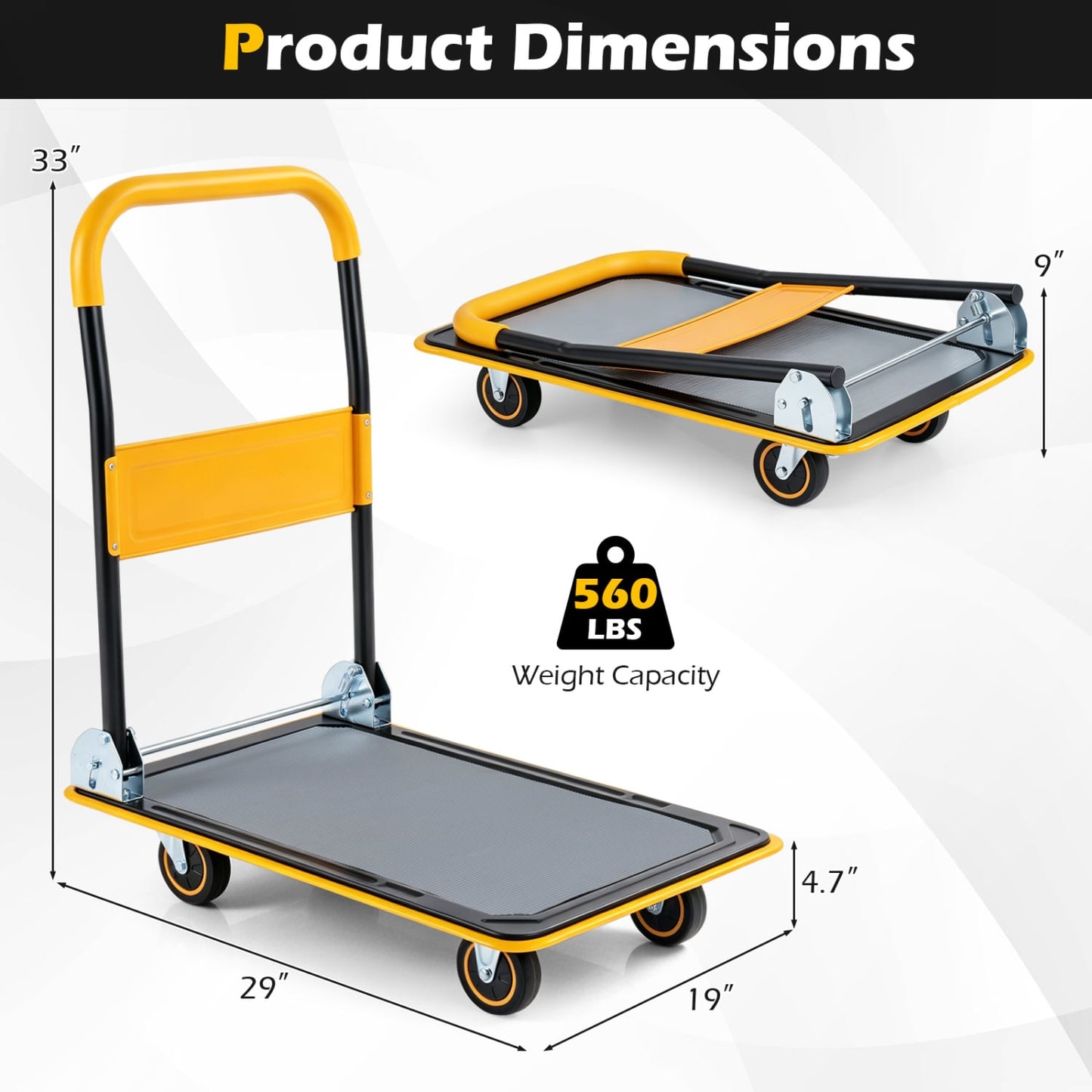 Heavy Duty Foldable Push Cart Dolly, 560 Lbs, Yellow