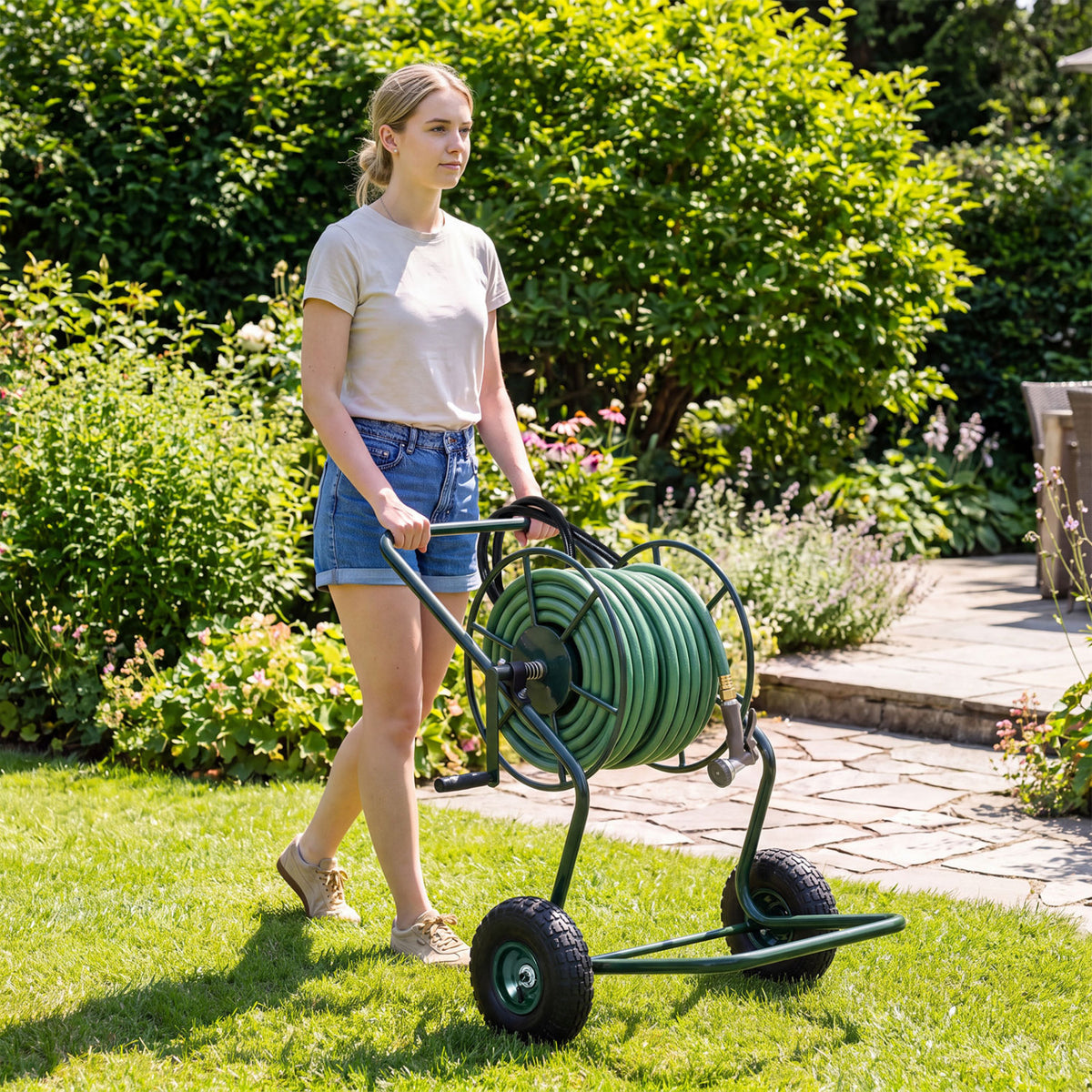 Heavy Duty Garden Hose Reel Cart, 300 FT 5/8" Hose, Green