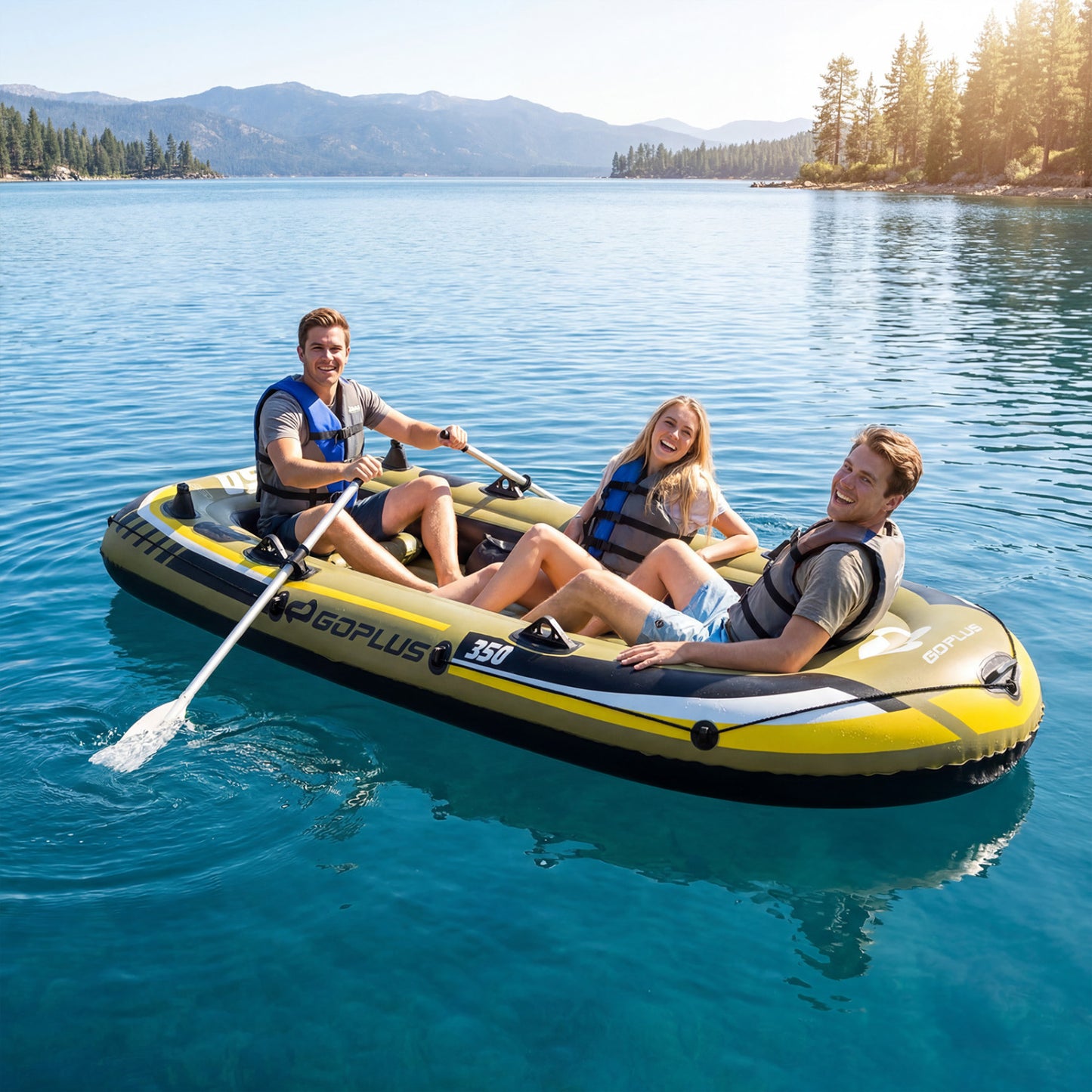 Heavy-Duty Inflatable Boat 4-Person Fishing Raft Set, Green Water Sports at Gallery Canada