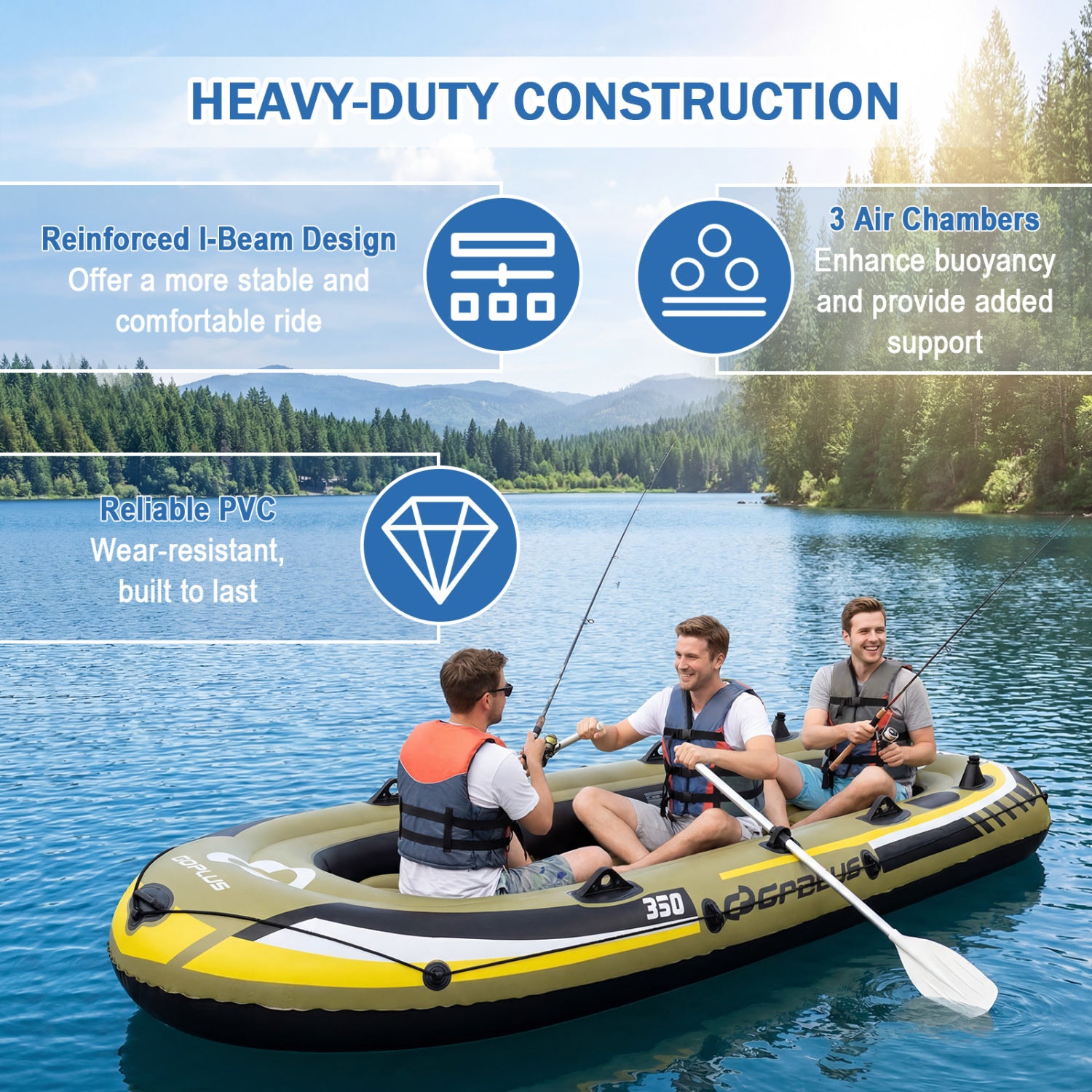 Heavy-Duty Inflatable Boat 4-Person Fishing Raft Set, Green Water Sports at Gallery Canada