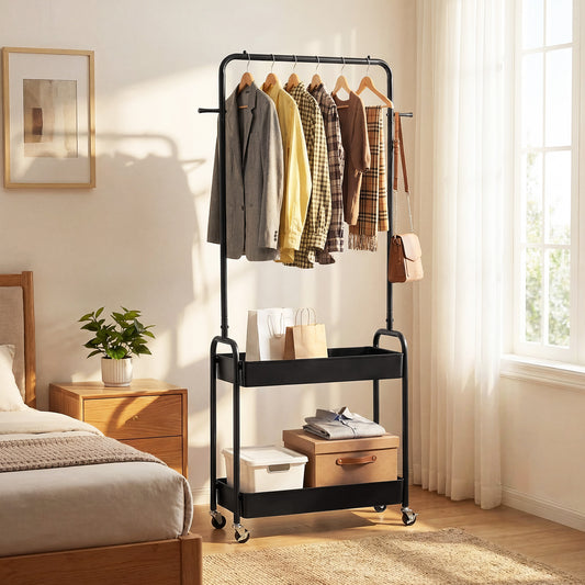 Heavy-Duty Laundry Cart With Hanging Rod, 2 Storage Baskets, Black Clothing & Closet Storage Black at Gallery Canada