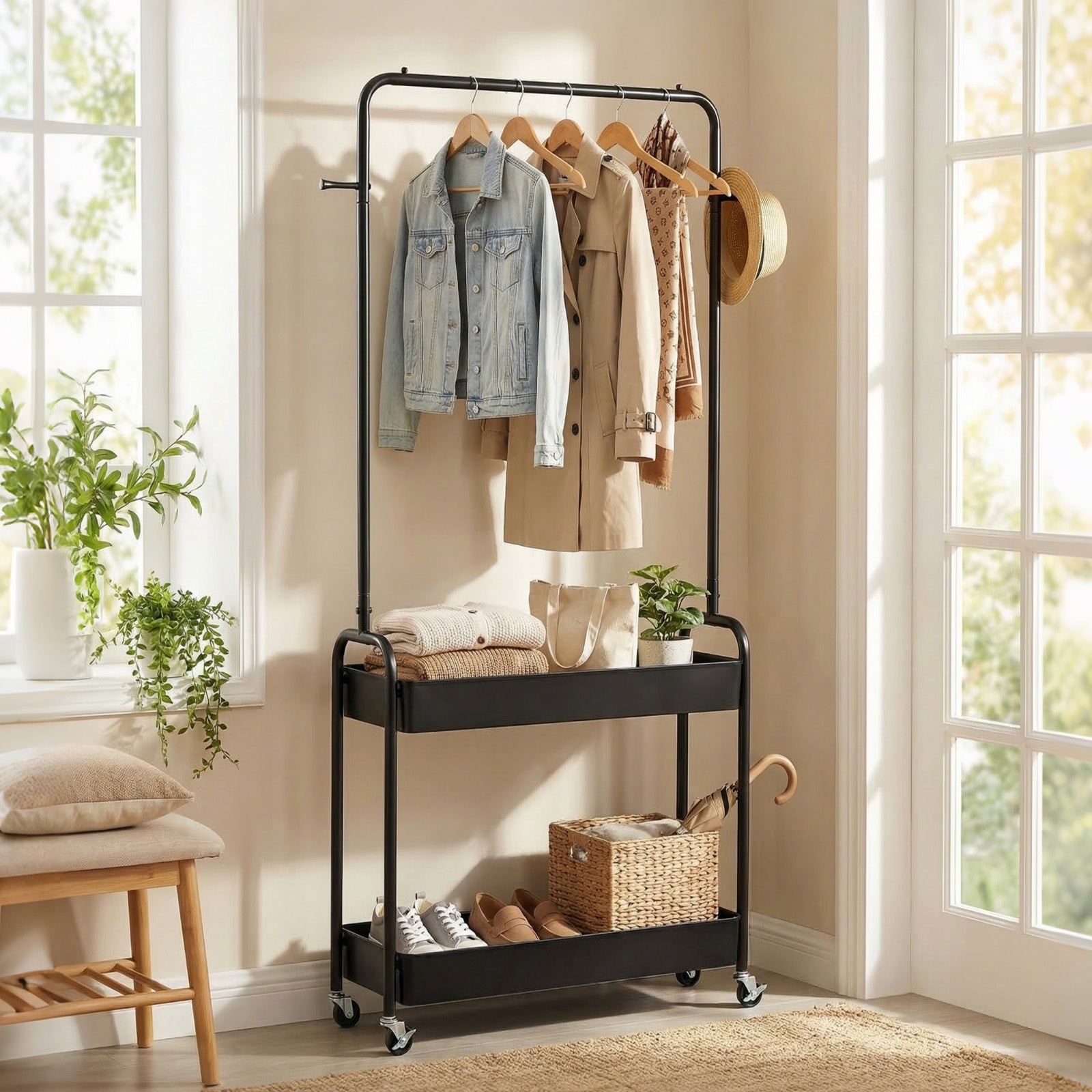 Heavy-Duty Laundry Cart With Hanging Rod, 2 Storage Baskets, Black Clothing & Closet Storage at Gallery Canada
